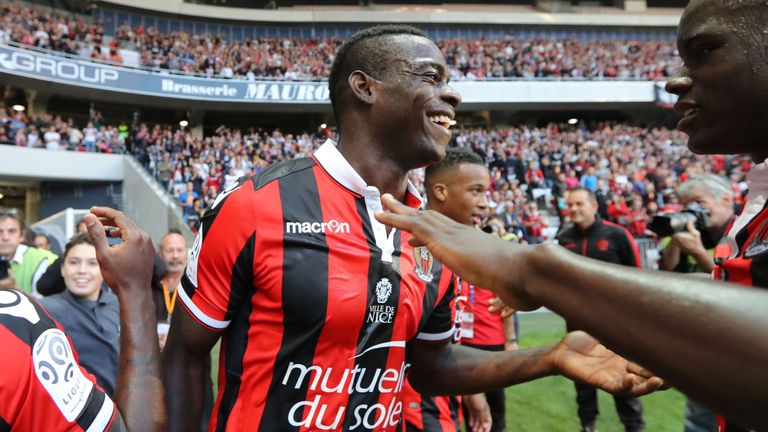 Nice forward Mario Balotelli celebrates after scoring for his new club