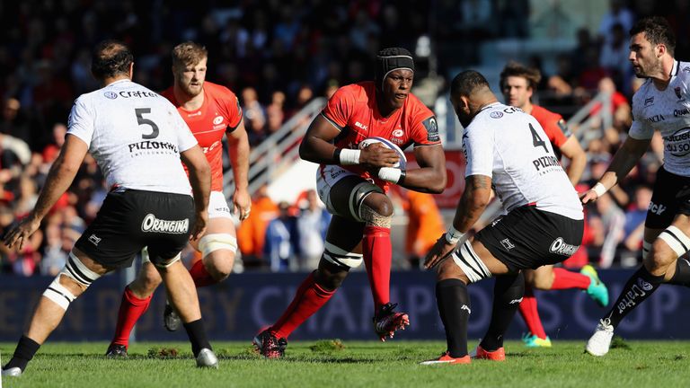 Maro Itoje charges towards the Toulon defence