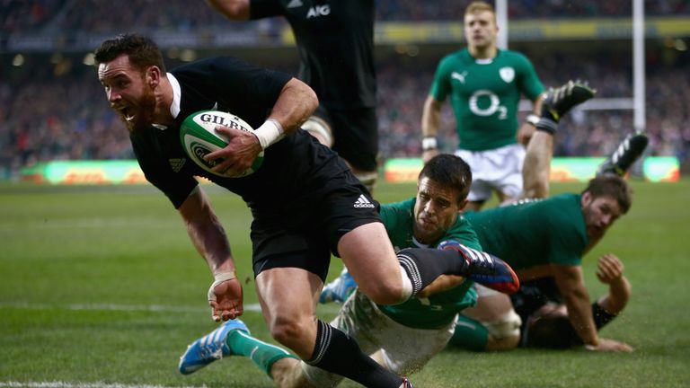 Ryan Crotty scores the match-winning try against Ireland in Dublin