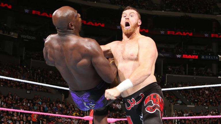 Sami Zayn knocks down Titus O'Neil in Los Angeles