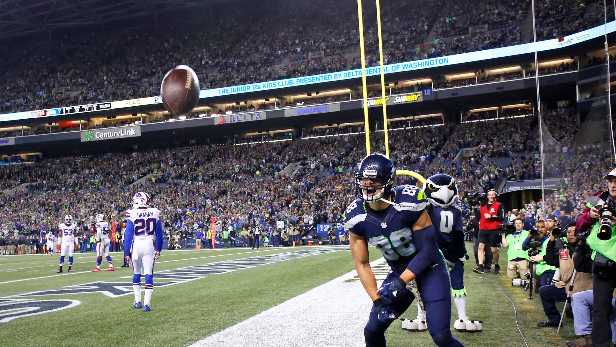 Jimmy Graham of the Seattle Seahawks watches from the sideline