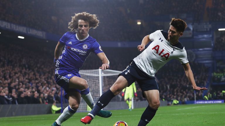 David Luiz (left) and Son Heung-Min compete for the ball