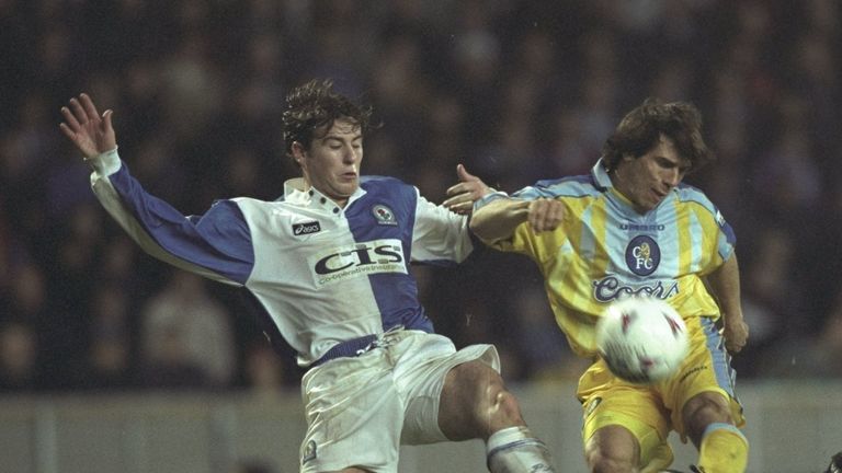 Zola in action on his Chelsea debut against Gary Croft of Blackburn