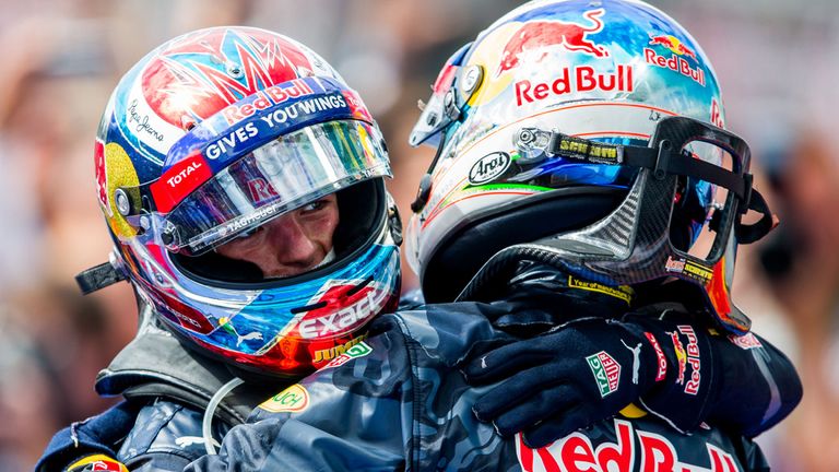 Max Verstappen celebrates with Red Bull team-mate Daniel Ricciardo after winning the Spanish GP - Picture from Getty Images