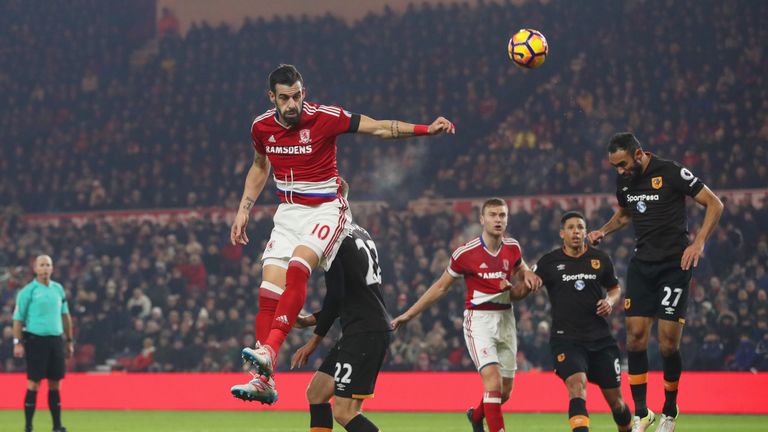 Negredo heads towards goal at the Riverside Stadium