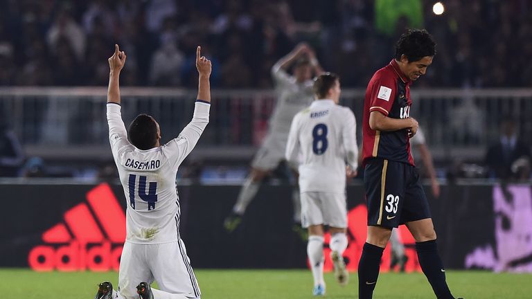 Casemiro of Real Madrid celebrates after a Ronaldo goal