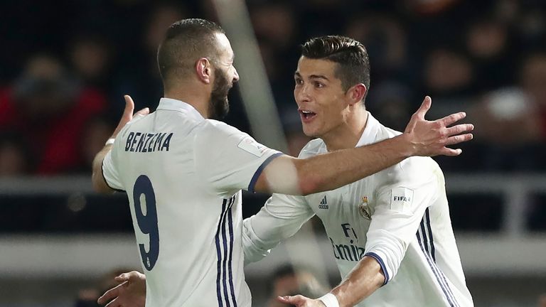 Ronaldo celebrates scoring in extra-time with Karim Benzema