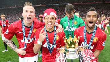 Image of Javier Hernandez, Anderson and Alexander Buttner celebrate winning the Premier League 