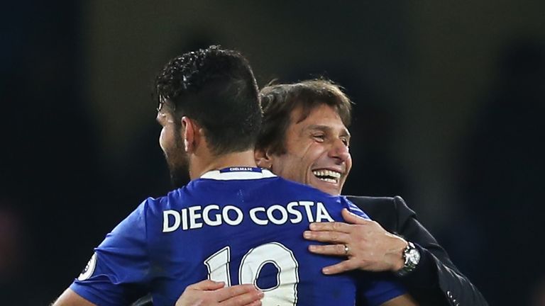 Antonio Conte embraces Diego Costa during their time at Chelsea - but their relationship soured in the summer of 2017