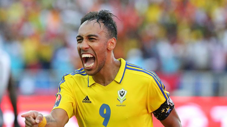 Aubameyang celebrates after scoring a goal for Gabon