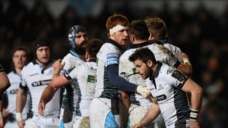 Glasgow celebrate Tommy Seymour's try which opened the scoring