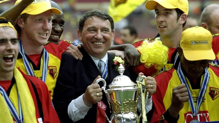 Watford players and Taylor celebrate victory and promotion after the Division One Play-Off Final against Bolton in 1999