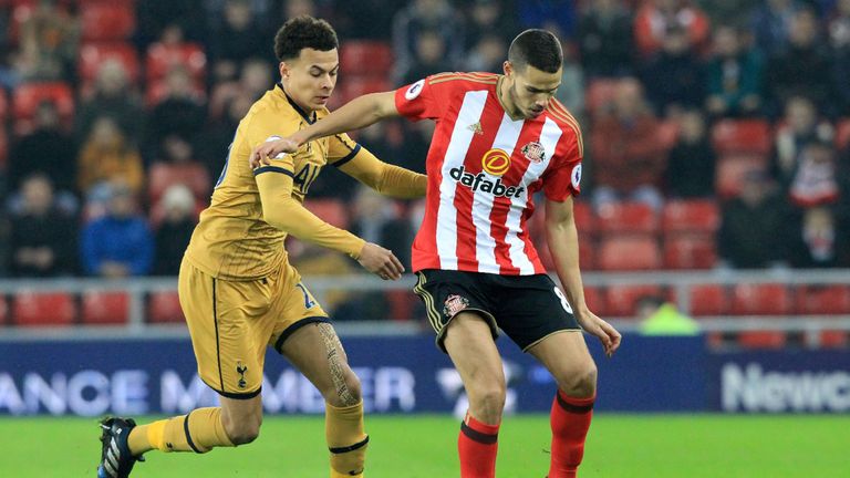 Dele Alli vies with Jack Rodwell for the ball during the Premier League encounter