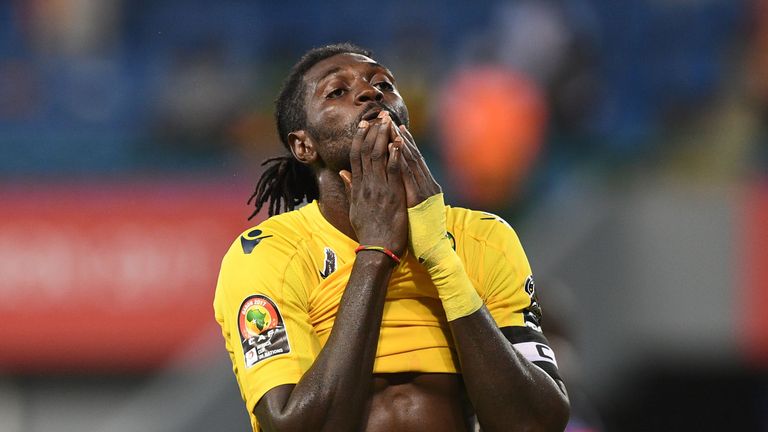 Togo forward Emmanuel Adebayor reacts after missing a goal opportunity