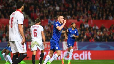 Jamie Vardy celebrates scoring during Leicester's 2-1 defeat to Sevilla