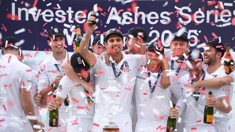 Cook and his team-mates celebrate winning the Ashes in 2015