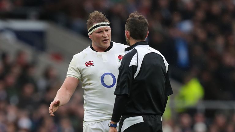 Dylan Hartley tries to get some clarification from  referee Romain Poite 