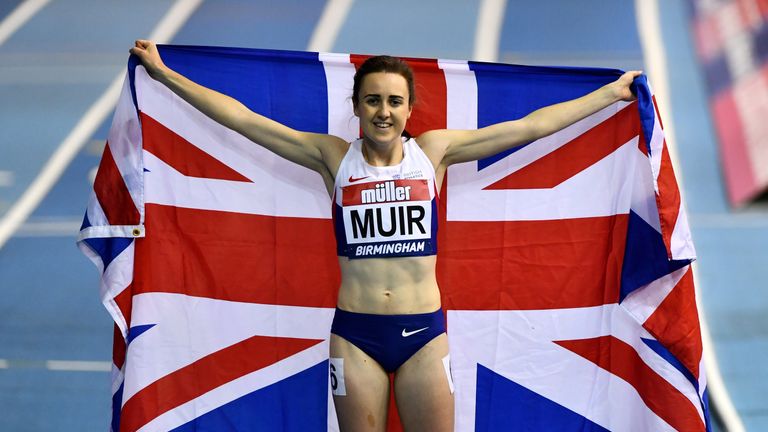 Laura Muir of Great Britain celebrates winning the women’s 1000 metres final during the Muller Indoor Grand Prix 2017 