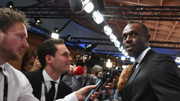 Bolt talks to the media at the Laureus World Sports Awards