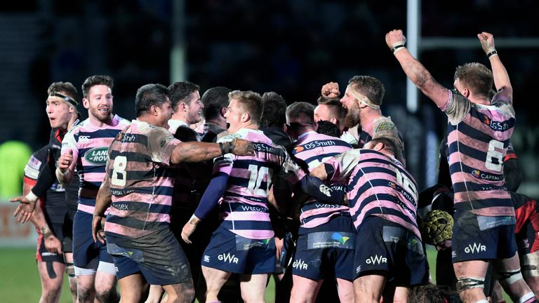 Cardiff's players celebrate their win over Edinburgh