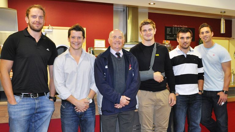 Phil Davies (third from left) with former pupils Alun Wyn Jones, Rhodri Gomer Davies, Rhodri Jones, Emyr Phillips and George North
