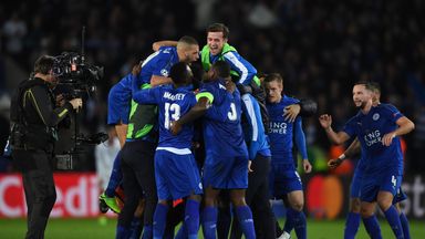 Leicester celebrate reaching the Champions League quarter-finals for the first time