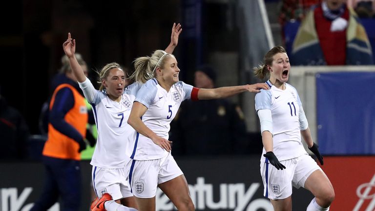 Ellen White celebrates England's winning goal against world champions USA earlier this month