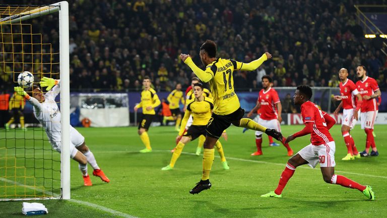Aubameyang headed in the first goal for Borussia Dortmund against Benfica