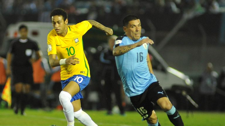 Neymar in action for Brazil against Uruguay