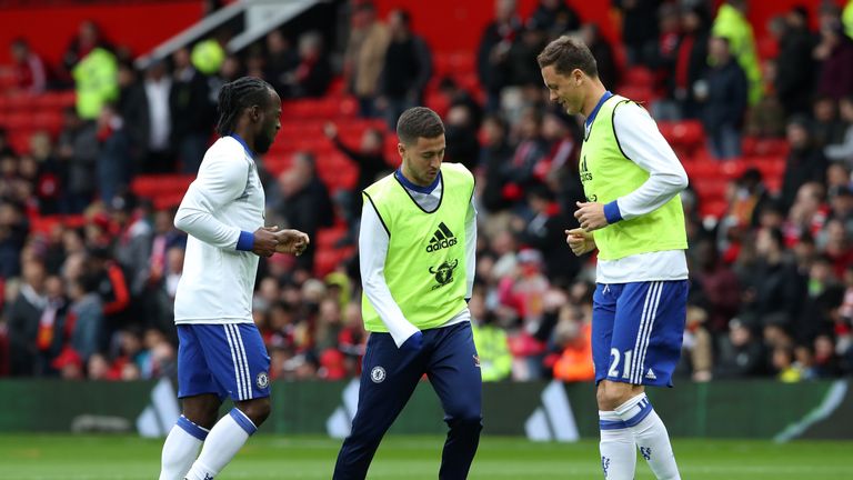 Chelsea's Victor Moses (L - R), Hazard and former Chelsea midfielder Nemanja Matic warm up last season's match at Manchester United