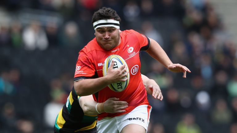 Jamie George on the charge for Saracens