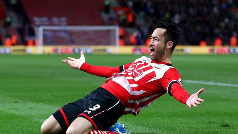 Maya Yoshida celebrates after his goal gives Southampton 2-1 lead at St Mary's against Crystal Palace