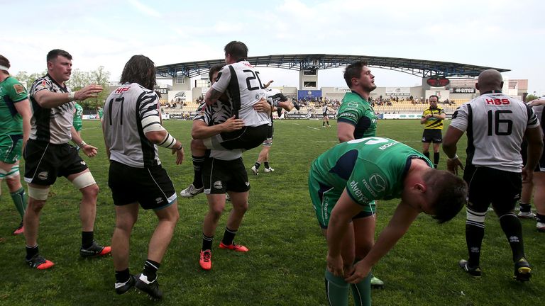 Zebre players celebrate after beating Connacht on Saturday