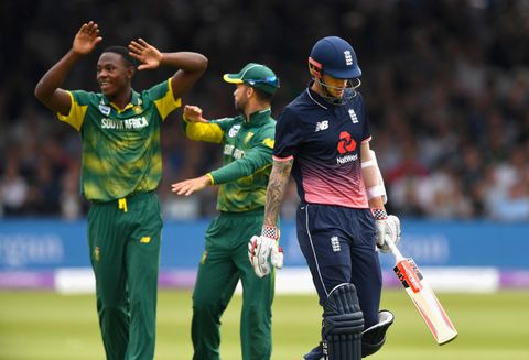 Kagiso Rabada (left) is congratulated after dismissing Alex Hales