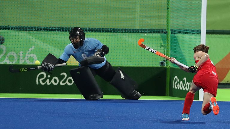 Helen nets from the penalty spot during Great Britain's 3-0 semi-final win over New Zealand at Rio 2016