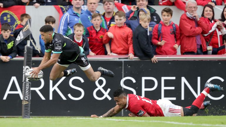 Ospreys' Keelan Giles is denied a late try by Munster's Francis Saili in last season's PRO12