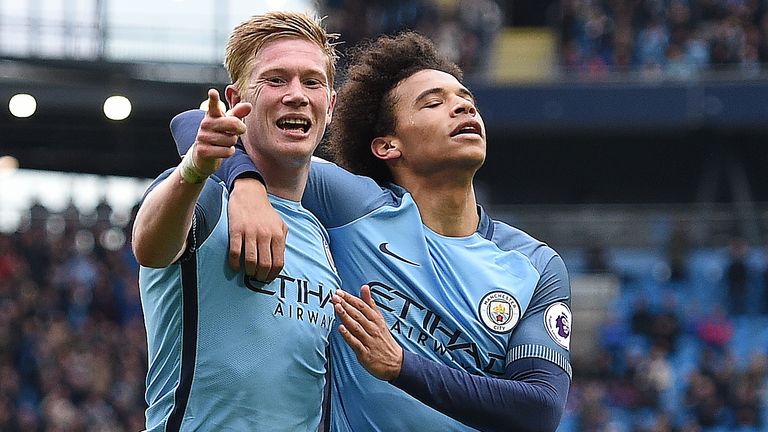 Kevin De Bruyne (left) is congratulated after giving Man City a 3-0 lead