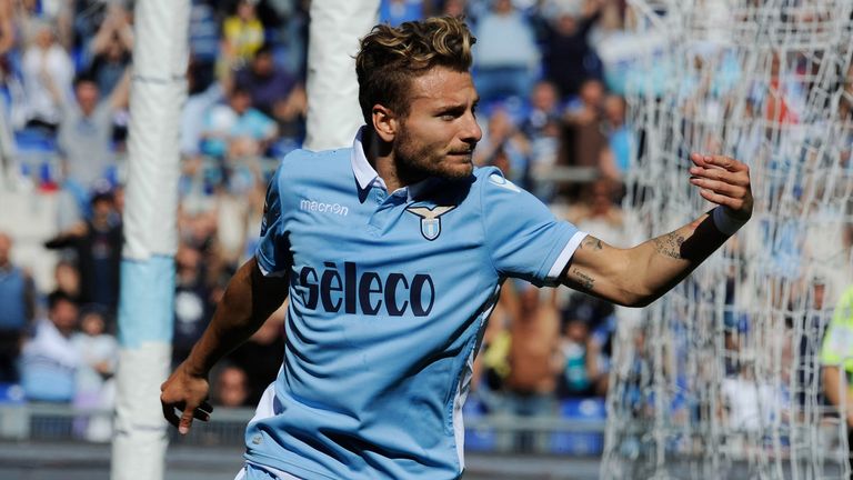 Ciro Immobile celebrates a seventh goal with his Lazio team- mates