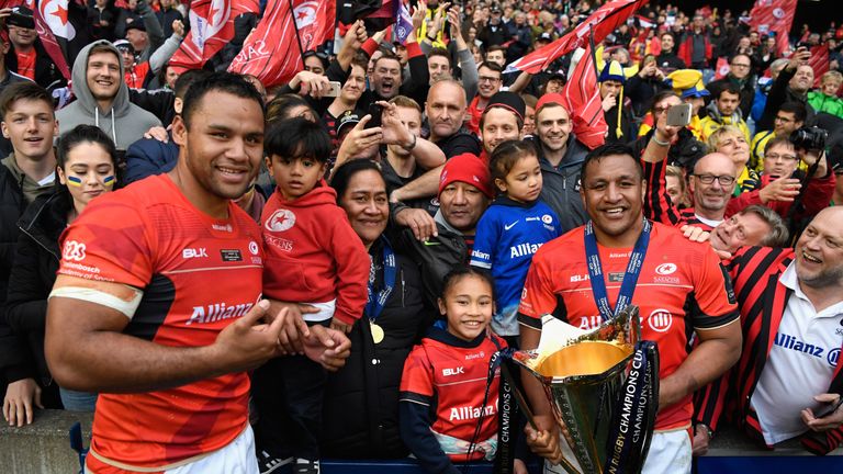 Billy and Mako (right) Vunipola of Saracens celebrates with family after the final