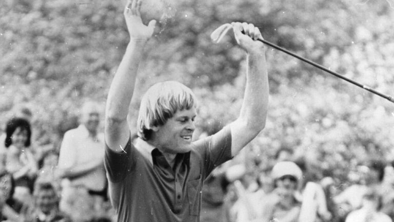 Johnny Miller celebrates winning The Open in 1976