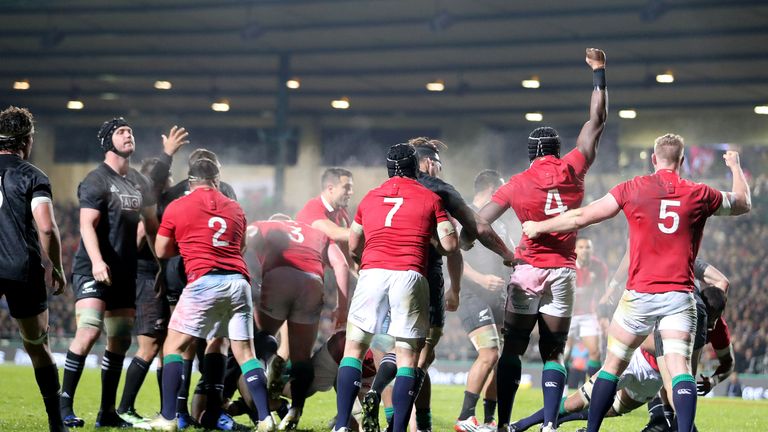 The Lions forwards celebrate the penalty-try