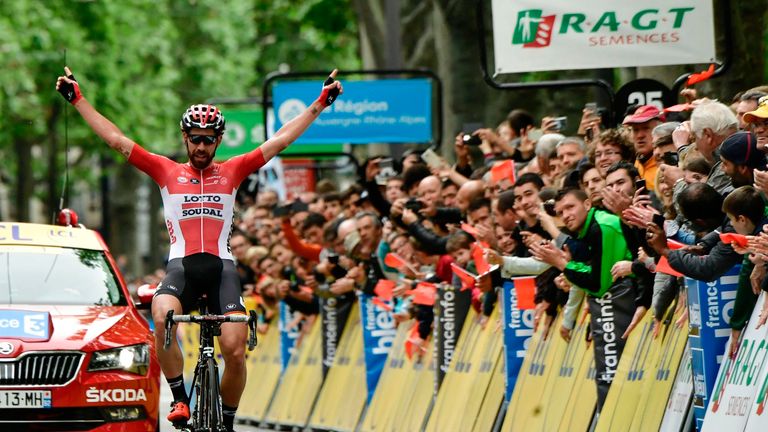 Belgium's Thomas De Gendt celebrates his Dauphine victory in Saint-Etienne
