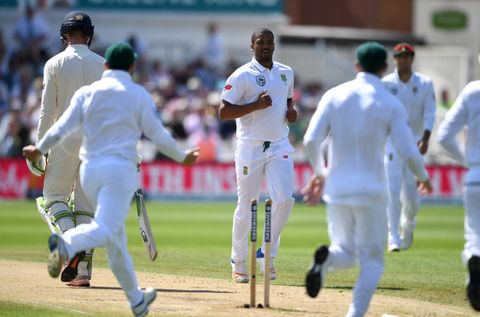 Vernon Philander celebrates the wicket of Keaton Jennings