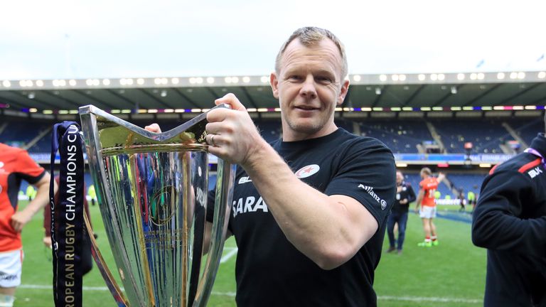 Saracens' director of rugby Mark McCall celebrates winning back-to-back Champions Cup titles with the club
