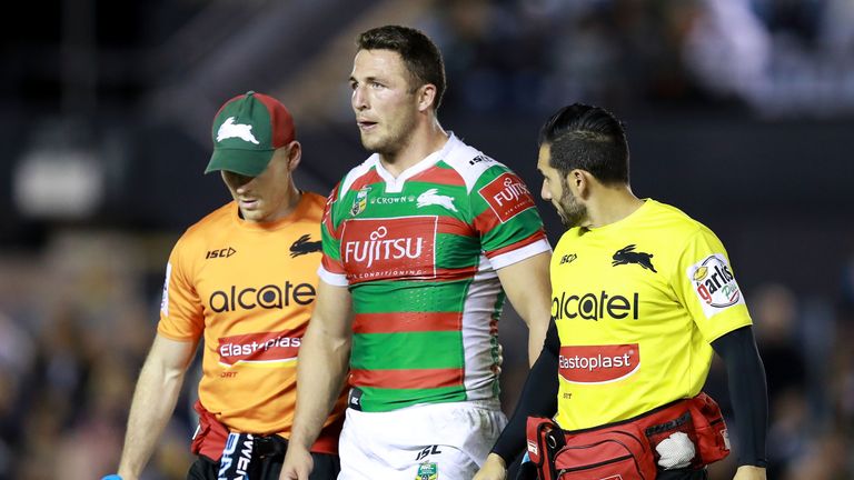 Sam Burgess leaves the field against the Sharks