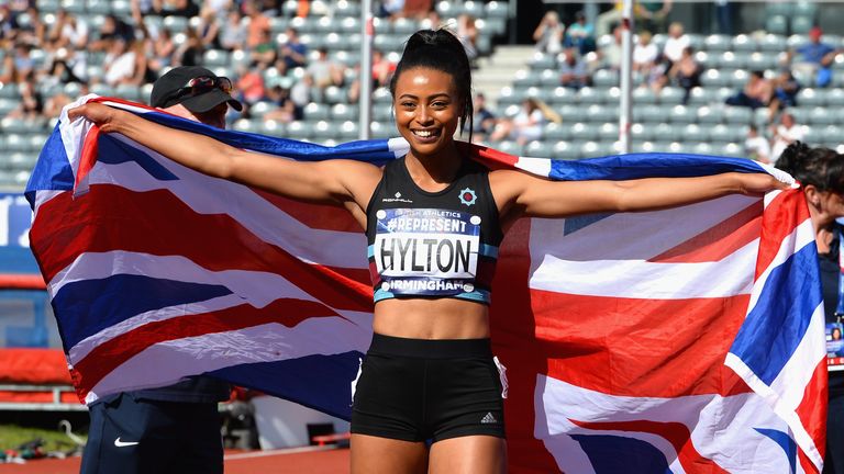 Shannon Hylton celebrates winning the women's 200m final 