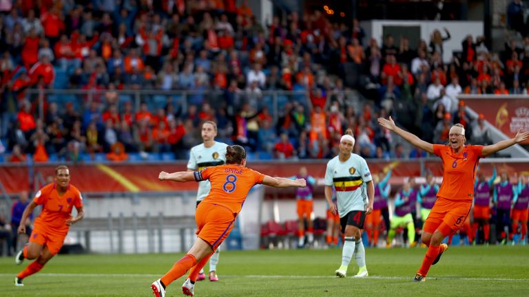 Sherida Spitse (centre) of Netherlands celebrates after scoring from the penalty spot