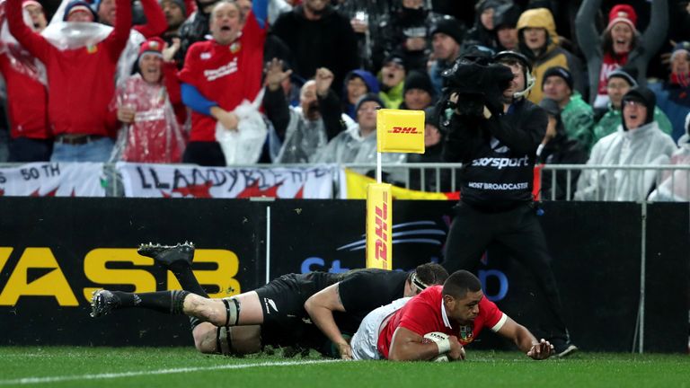 Taulupe Faletau dives in to score the Lions' first try