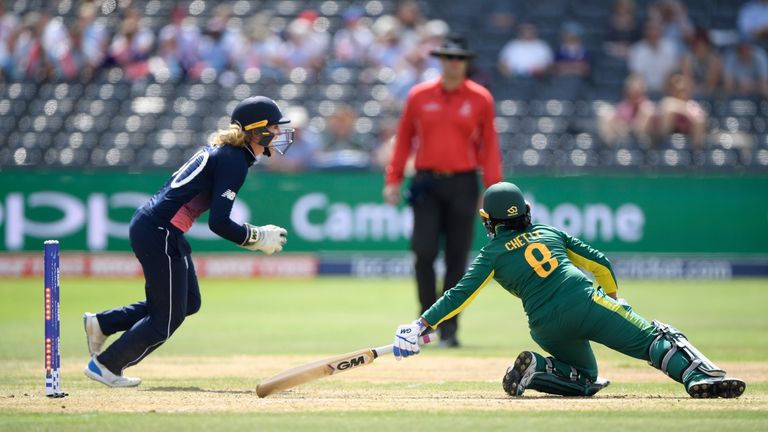 England wicketkeeper Sarah Taylor celebrates after stumping South Africa batsman Trisha Chetty in the semi-final
