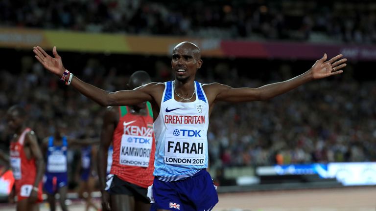Mo Farah celebrates victory in Friday's 10,000m at the World Athletics Championships in London